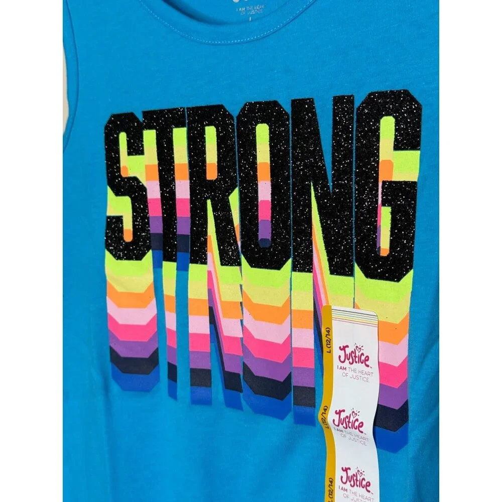 Girls' Justice Blue Tank Top Black Glitter STRONG Neon Rainbow NWT Size Lg 12/14
